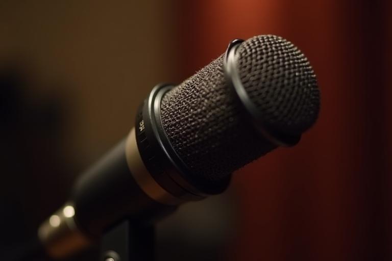 Close-up de um microfone de estúdio profissional com fundo desfocado, simbolizando voz e amplificação de mensagens.