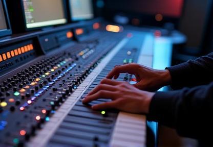 Engenheiro de áudio trabalhando em console de mixagem de som