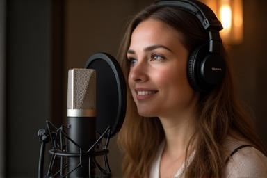 Pessoa falando em um microfone de podcast em um estúdio